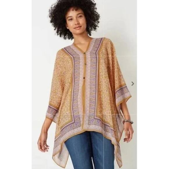 J JILL💕 Mixed-print Two-way Poncho ~ Light Tigers Eye Paisley One Size NWT - Picture 2 of 13